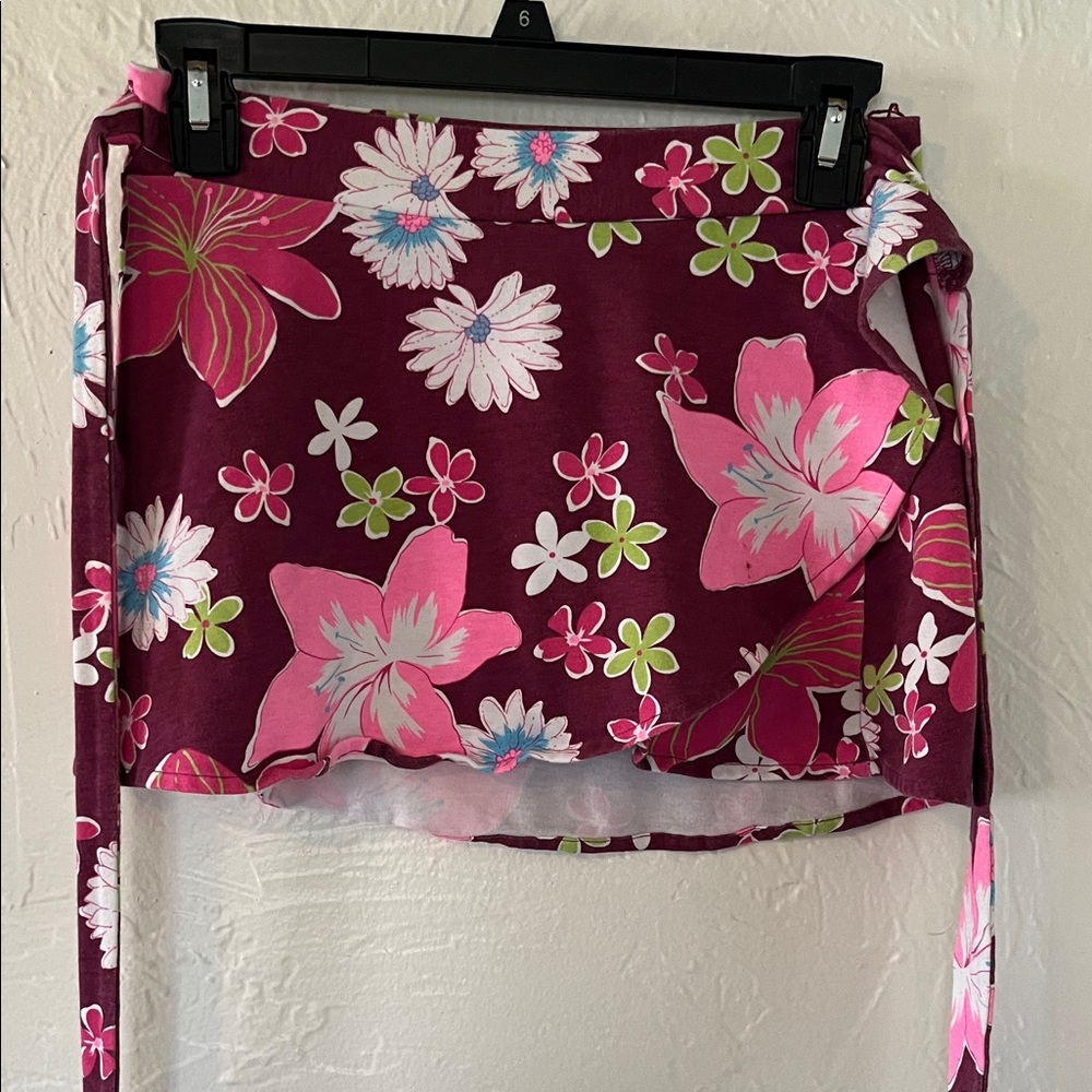 Floral Tie-Waist Swim Sarong in Burgundy and Pink